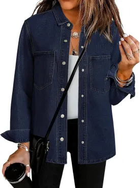 luvamia Denim Jackets for Women Trendy Long Sleeve Jean Jacket Casual Button Down Western Flat Pocket Shacket