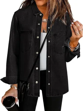 luvamia Denim Jackets for Women Trendy Long Sleeve Jean Jacket Casual Button Down Western Flat Pocket Shacket