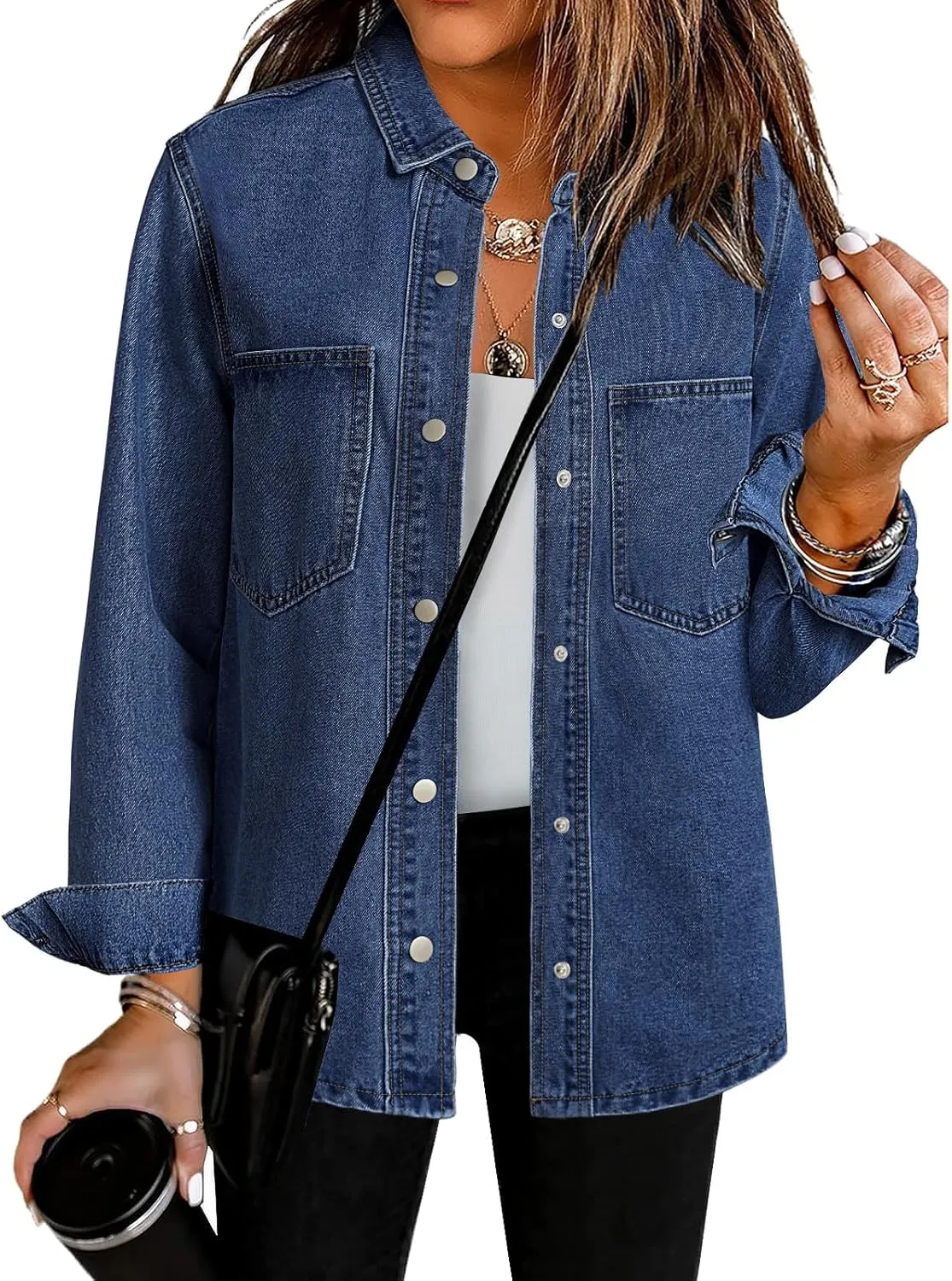 luvamia Denim Jackets for Women Trendy Long Sleeve Jean Jacket Casual Button Down Western Flat Pocket Shacket