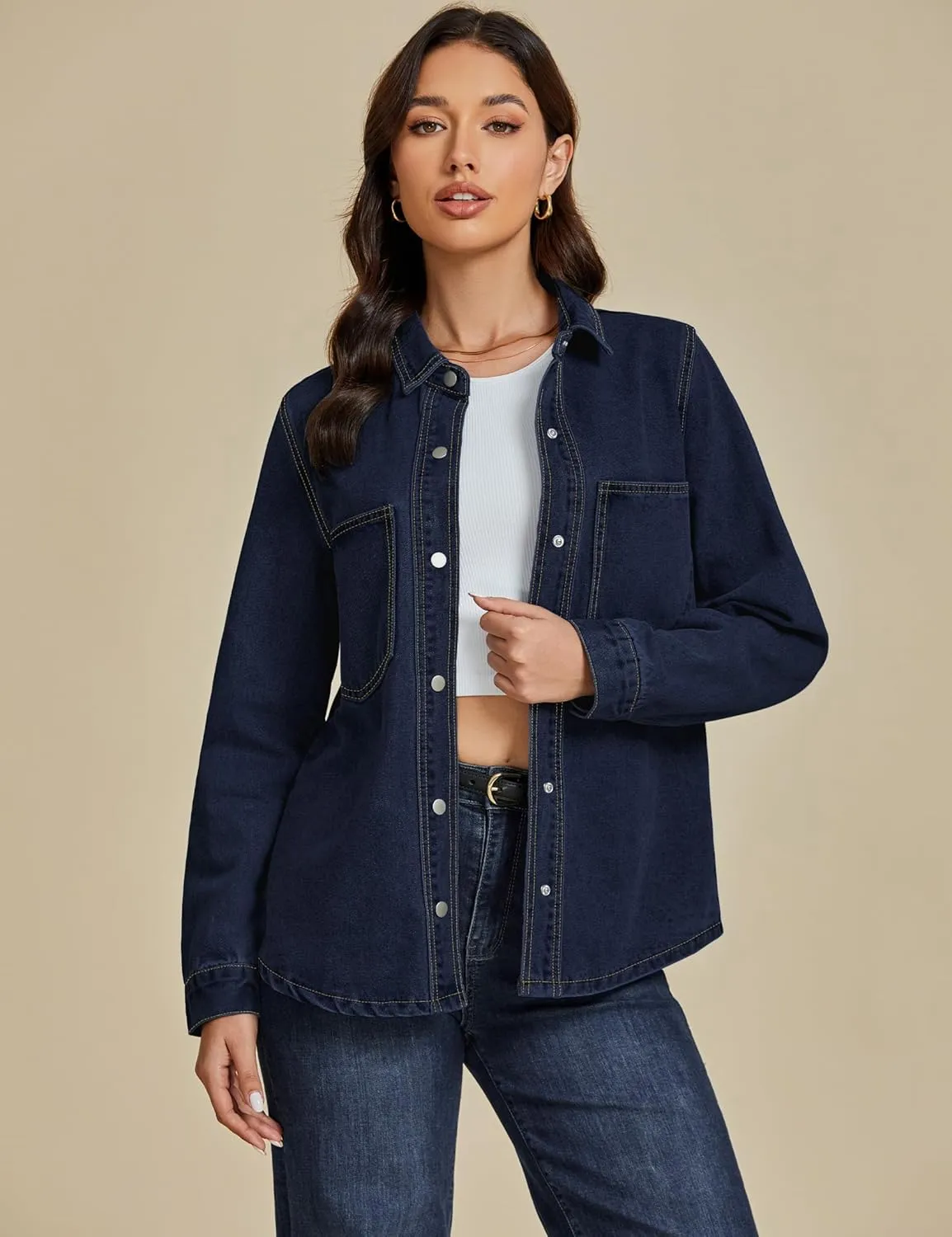 luvamia Denim Jackets for Women Trendy Long Sleeve Jean Jacket Casual Button Down Western Flat Pocket Shacket