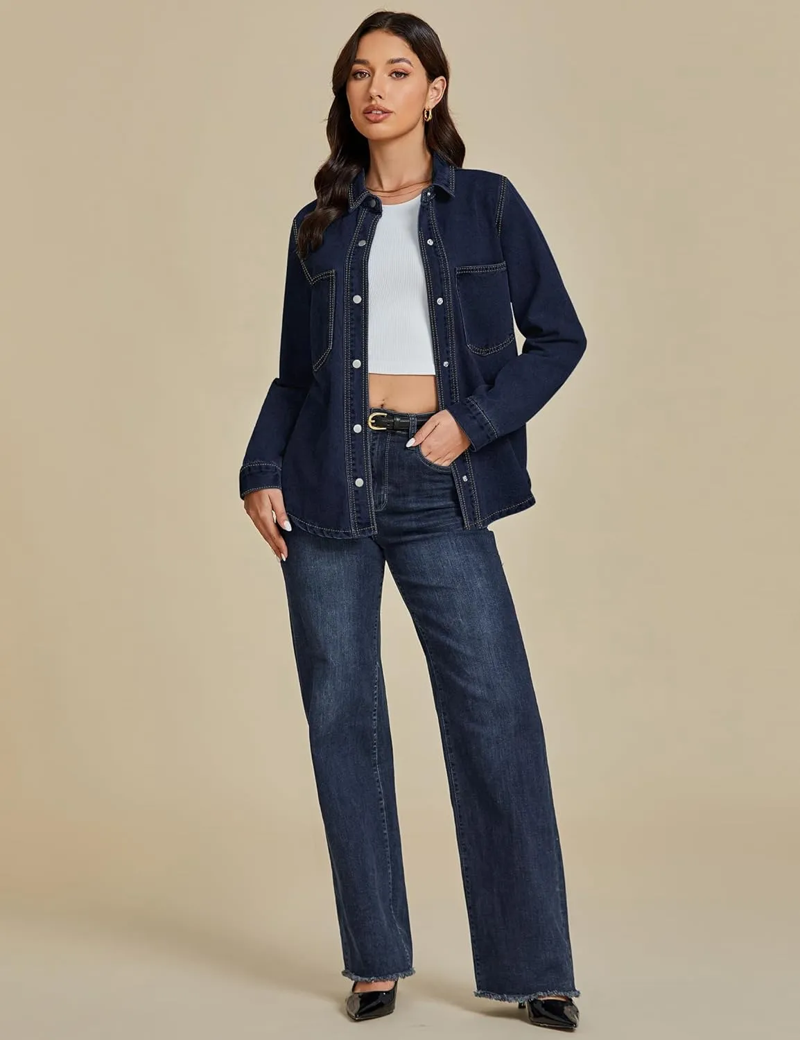 luvamia Denim Jackets for Women Trendy Long Sleeve Jean Jacket Casual Button Down Western Flat Pocket Shacket