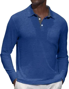 Mens Knit Polo Shirts Long Sleeve Classic Polo Shirts Classic Button Basic Shirt Solid Color Golf Shirts