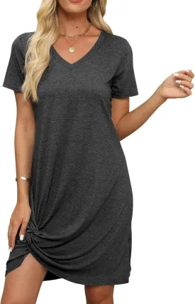 Miselon Tshirt Dresses for Women - Short Sleeve V Neck Knot T Shirt Dress Casual Summer Beach Sundresses