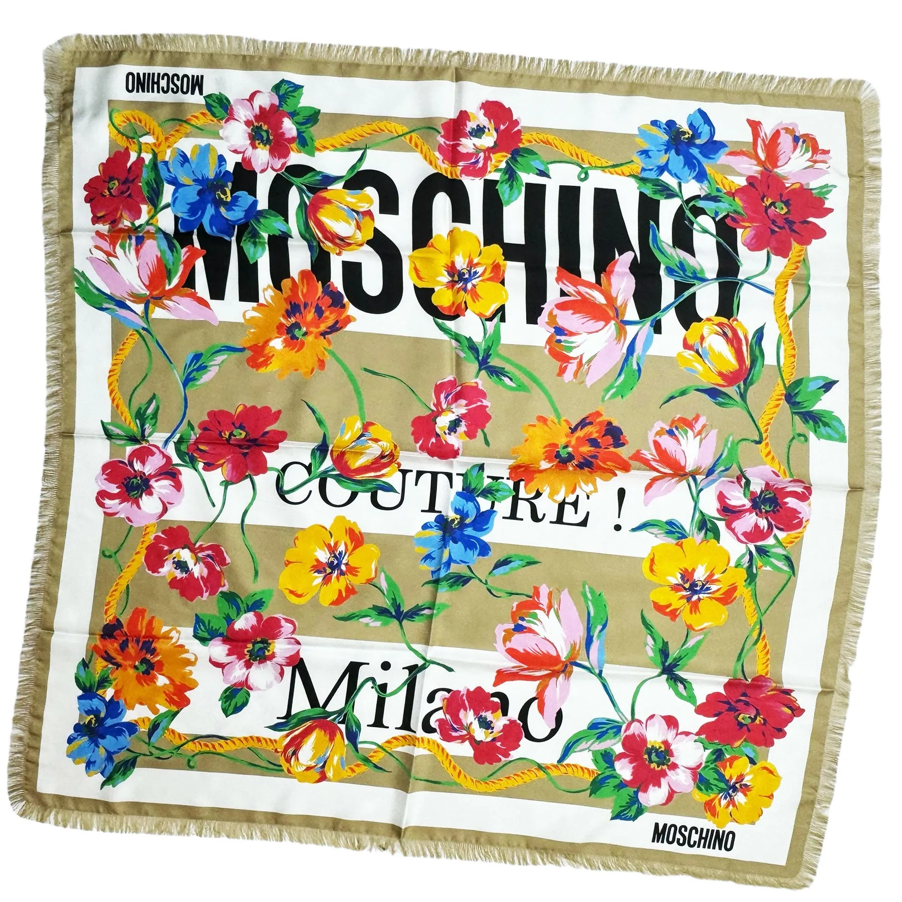 Moschino Scarf Ornamental Floral Taupe - Square Silk Foulard With Fringe SALE