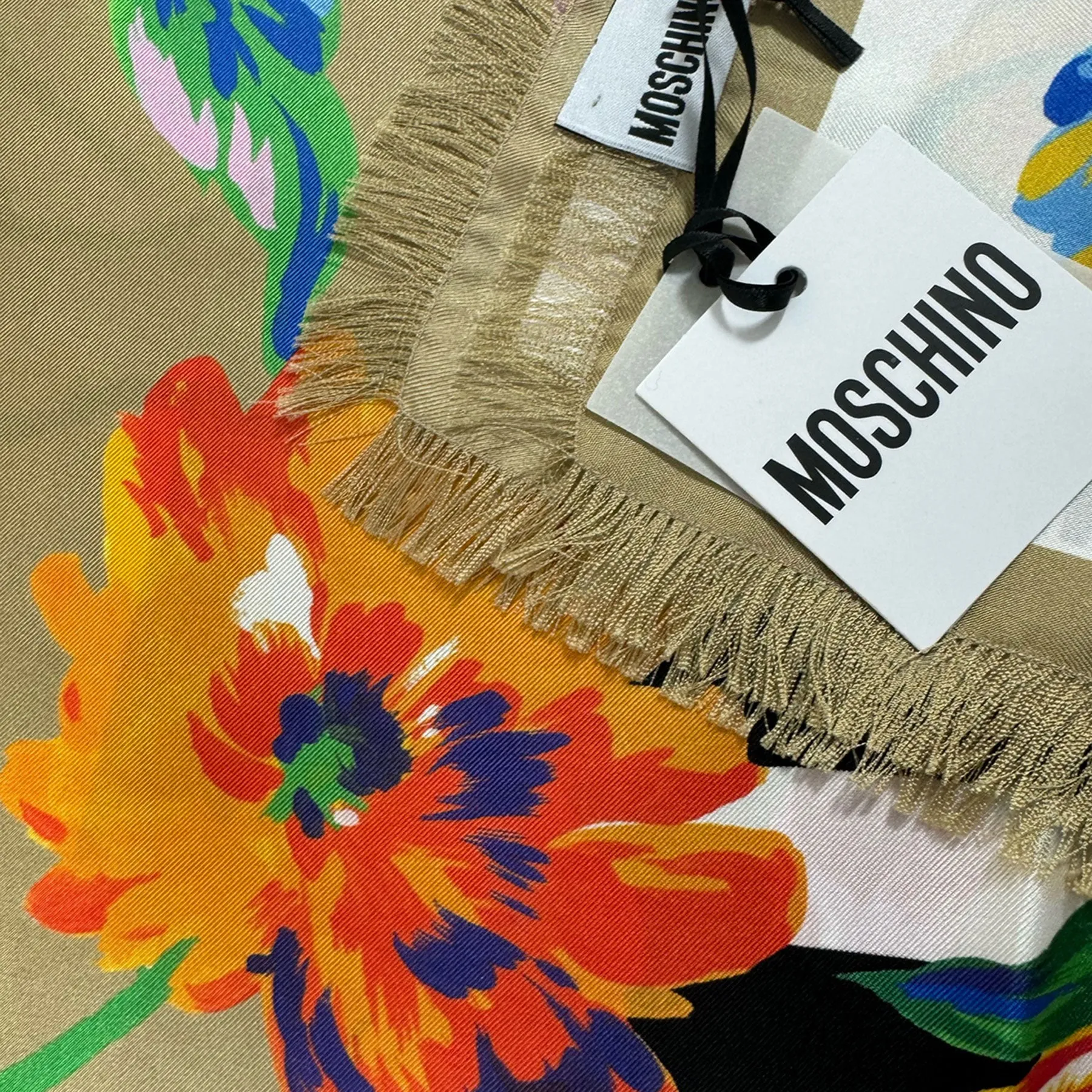 Moschino Scarf Ornamental Floral Taupe - Square Silk Foulard With Fringe SALE