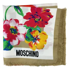 Moschino Scarf Ornamental Floral Taupe - Square Silk Foulard With Fringe SALE
