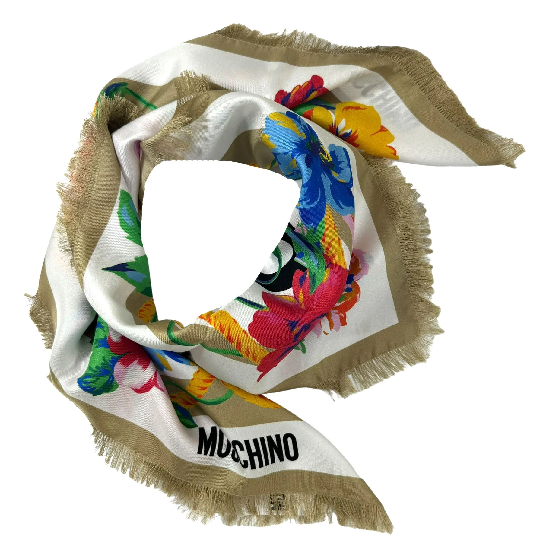 Moschino Scarf Ornamental Floral Taupe - Square Silk Foulard With Fringe SALE