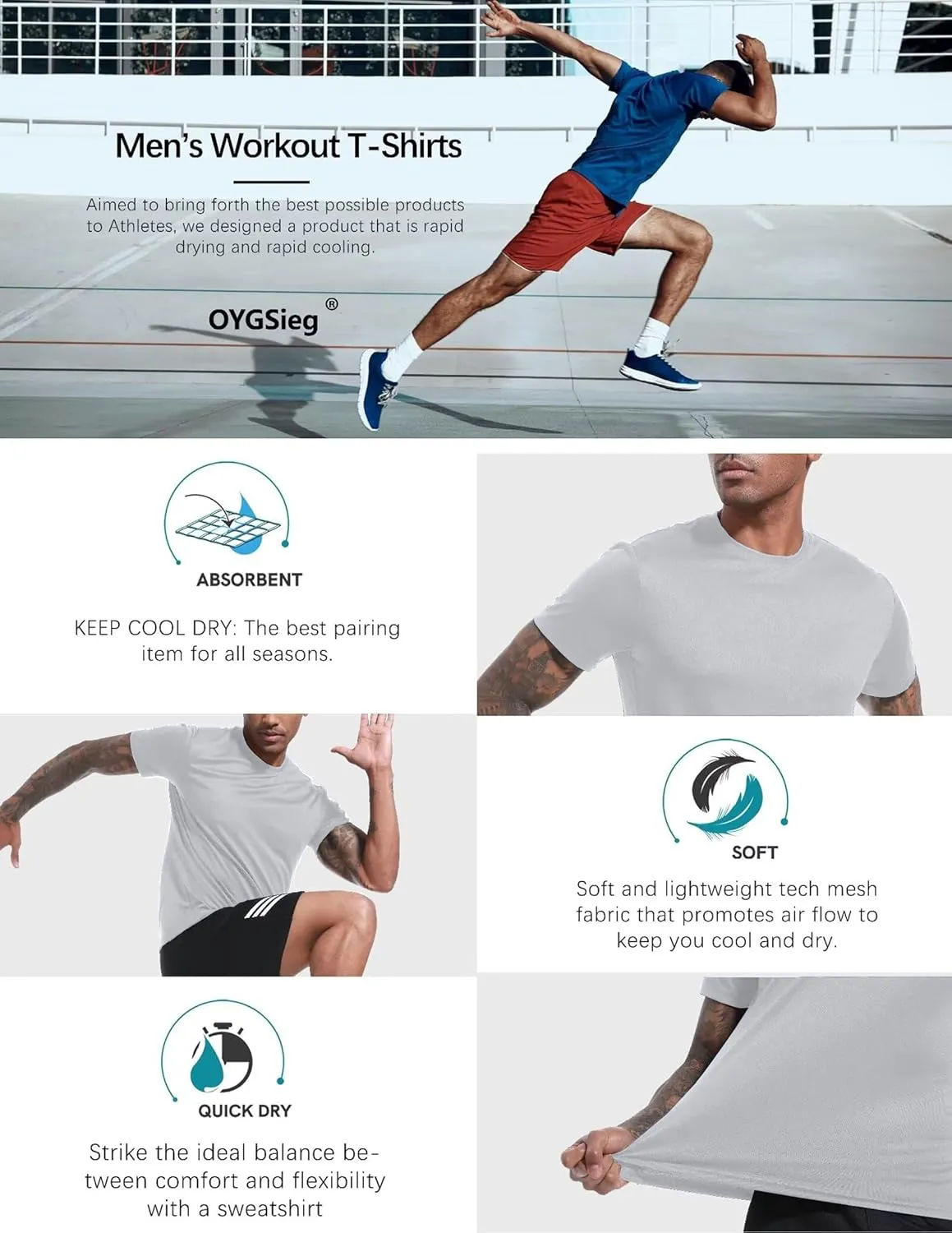 OYGSieg 6 Pack Workout Shirts for Men Short Sleeve Athletic Active Tops Quick Dry Crew Neck T Shirt for Running