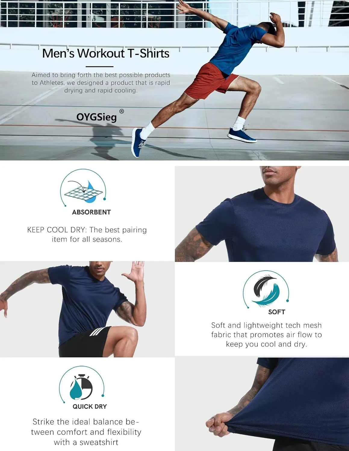 OYGSieg 6 Pack Workout Shirts for Men Short Sleeve Athletic Active Tops Quick Dry Crew Neck T Shirt for Running