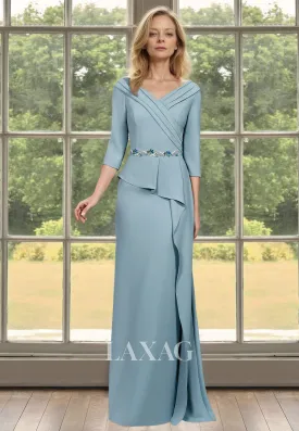 Pleated V-Neck Long-Sleeves Cocktail Gowns Beaded Floor-Length Tiered Mermaid Mother of the Bride Dress