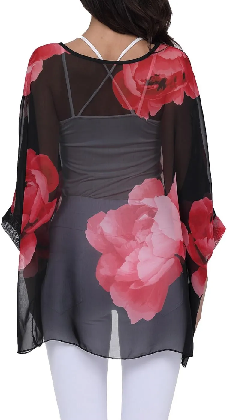 Rokou Women Chiffon Blouse Floral Batwing Sleeve Beach Cover Loose Tunic Shirt Tops