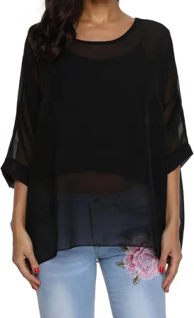 Rokou Women Chiffon Blouse Floral Batwing Sleeve Beach Cover Loose Tunic Shirt Tops