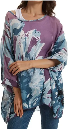 Rokou Women Chiffon Blouse Floral Batwing Sleeve Beach Cover Loose Tunic Shirt Tops