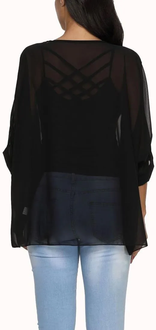 Rokou Women Chiffon Blouse Floral Batwing Sleeve Beach Cover Loose Tunic Shirt Tops