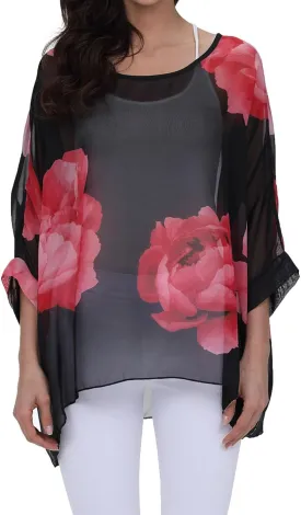 Rokou Women Chiffon Blouse Floral Batwing Sleeve Beach Cover Loose Tunic Shirt Tops