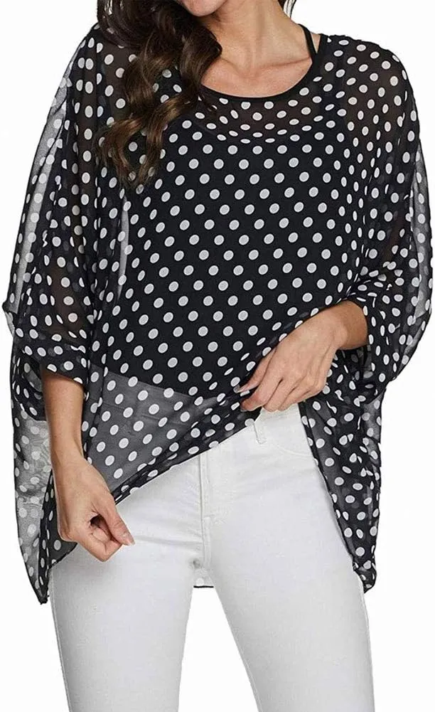 Rokou Women Chiffon Blouse Floral Batwing Sleeve Beach Cover Loose Tunic Shirt Tops