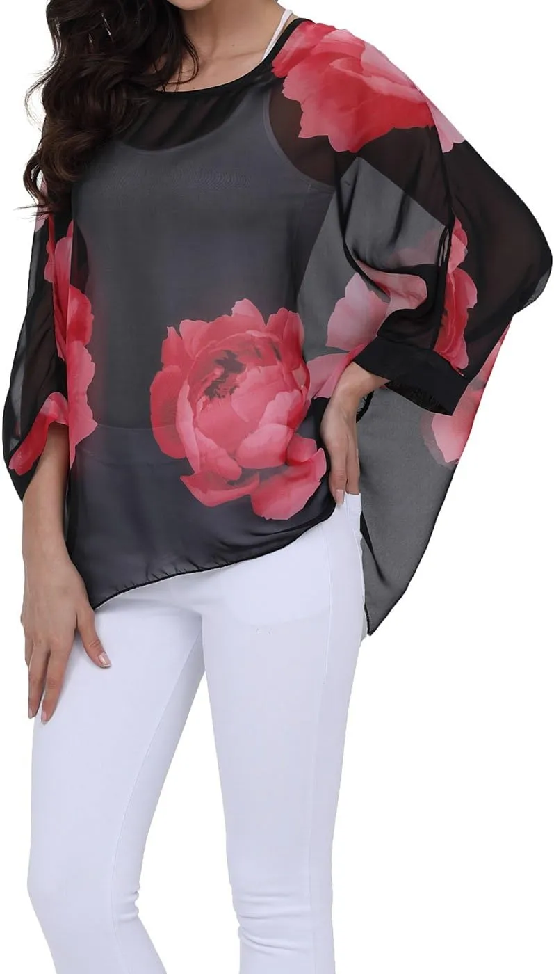Rokou Women Chiffon Blouse Floral Batwing Sleeve Beach Cover Loose Tunic Shirt Tops