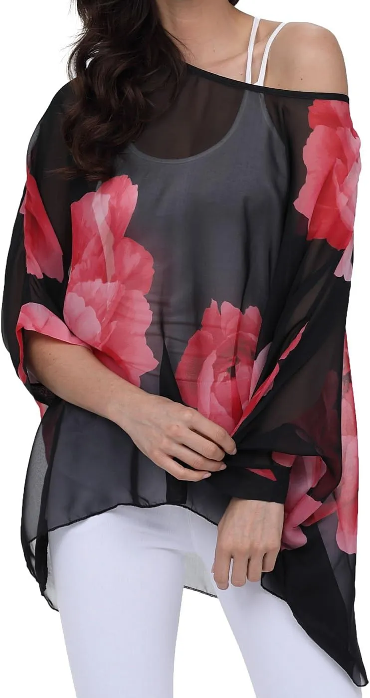 Rokou Women Chiffon Blouse Floral Batwing Sleeve Beach Cover Loose Tunic Shirt Tops