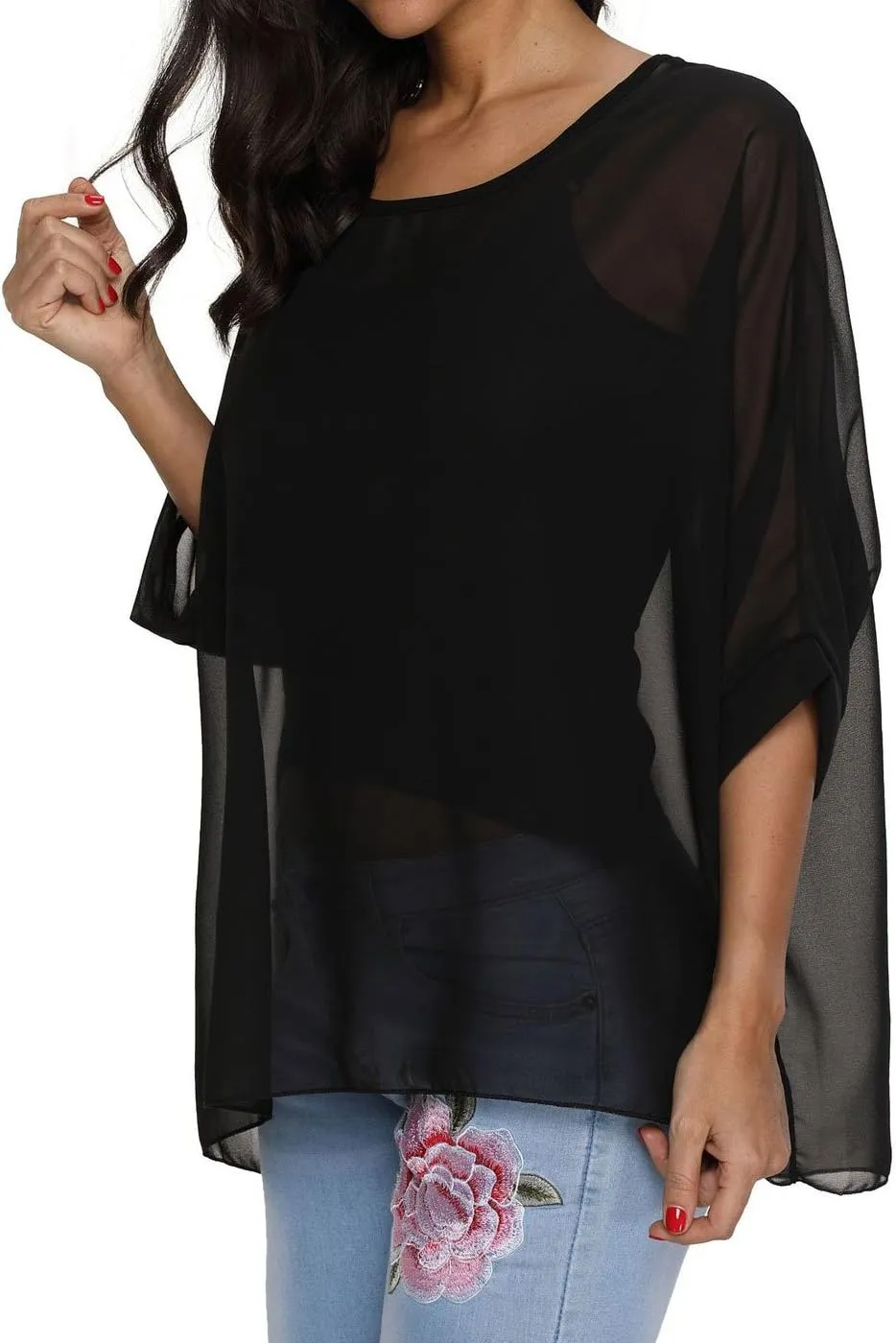 Rokou Women Chiffon Blouse Floral Batwing Sleeve Beach Cover Loose Tunic Shirt Tops