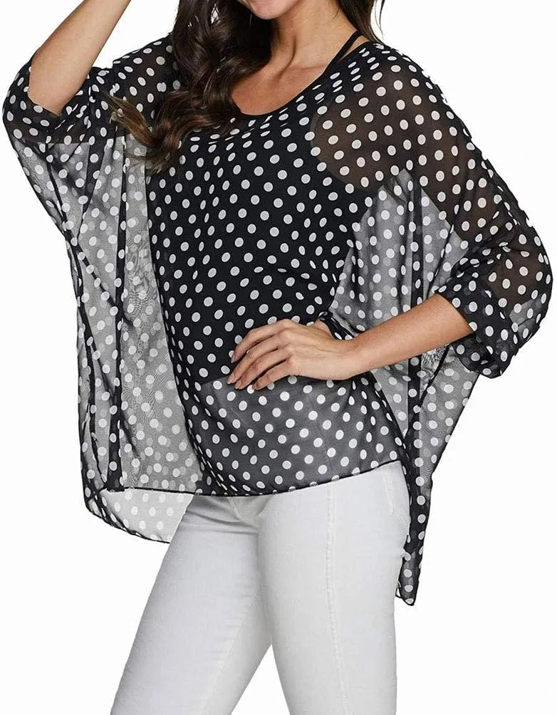 Rokou Women Chiffon Blouse Floral Batwing Sleeve Beach Cover Loose Tunic Shirt Tops