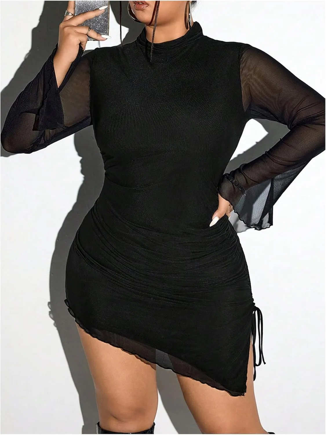 SHENHE Women's Plus Size Sheer Mesh Long Sleeve Mock Neck Asymmetrical Slit Ruched Bodycon Mini Dress