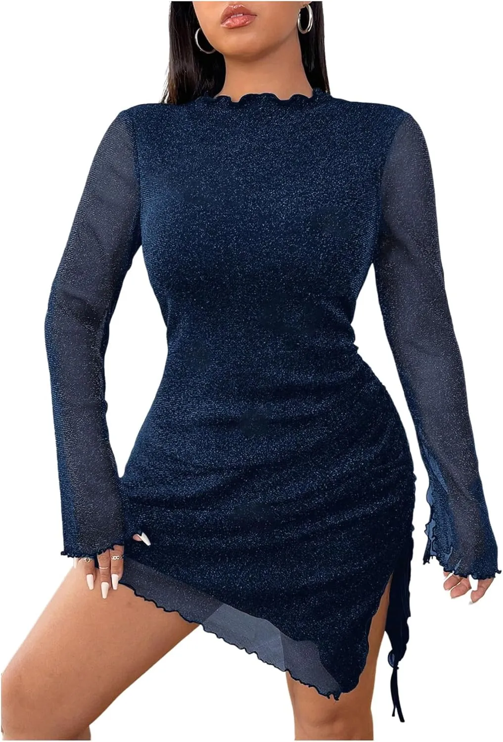 SHENHE Women's Plus Size Sheer Mesh Long Sleeve Mock Neck Asymmetrical Slit Ruched Bodycon Mini Dress