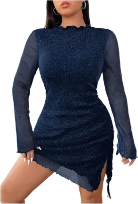 SHENHE Women's Plus Size Sheer Mesh Long Sleeve Mock Neck Asymmetrical Slit Ruched Bodycon Mini Dress