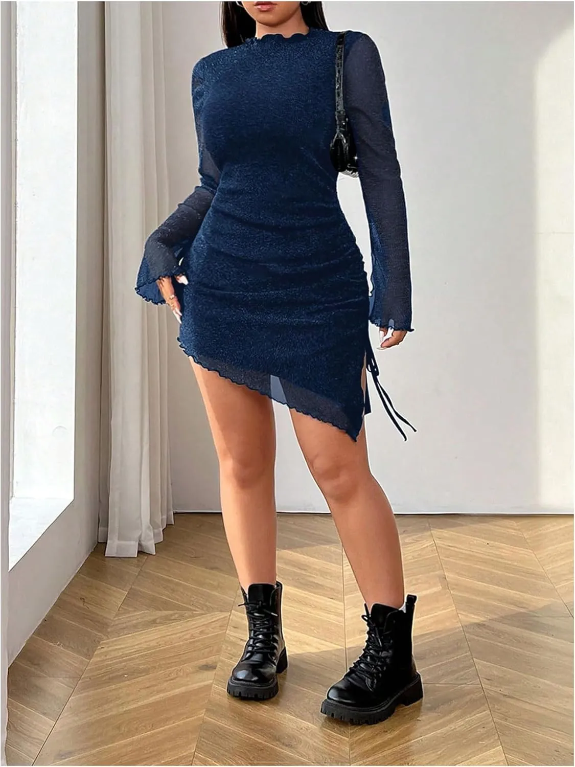 SHENHE Women's Plus Size Sheer Mesh Long Sleeve Mock Neck Asymmetrical Slit Ruched Bodycon Mini Dress