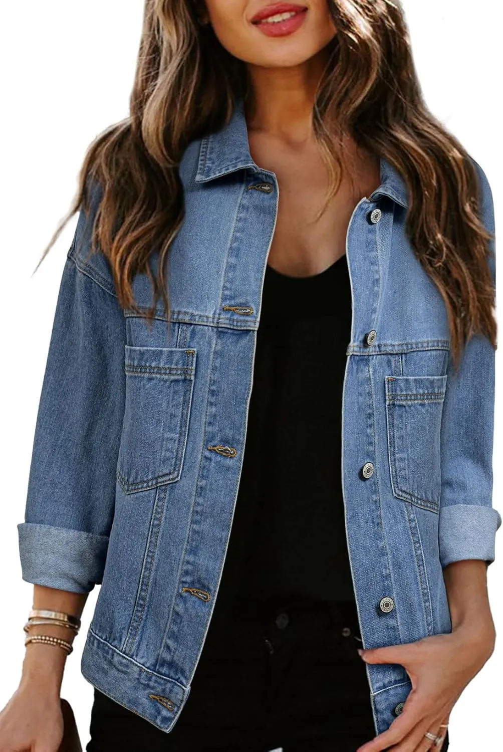 Sidefeel Women's Denim Jackets Casual Long Sleeve 2025 Spring Outfits Zimbaplatinum Jean Jacket