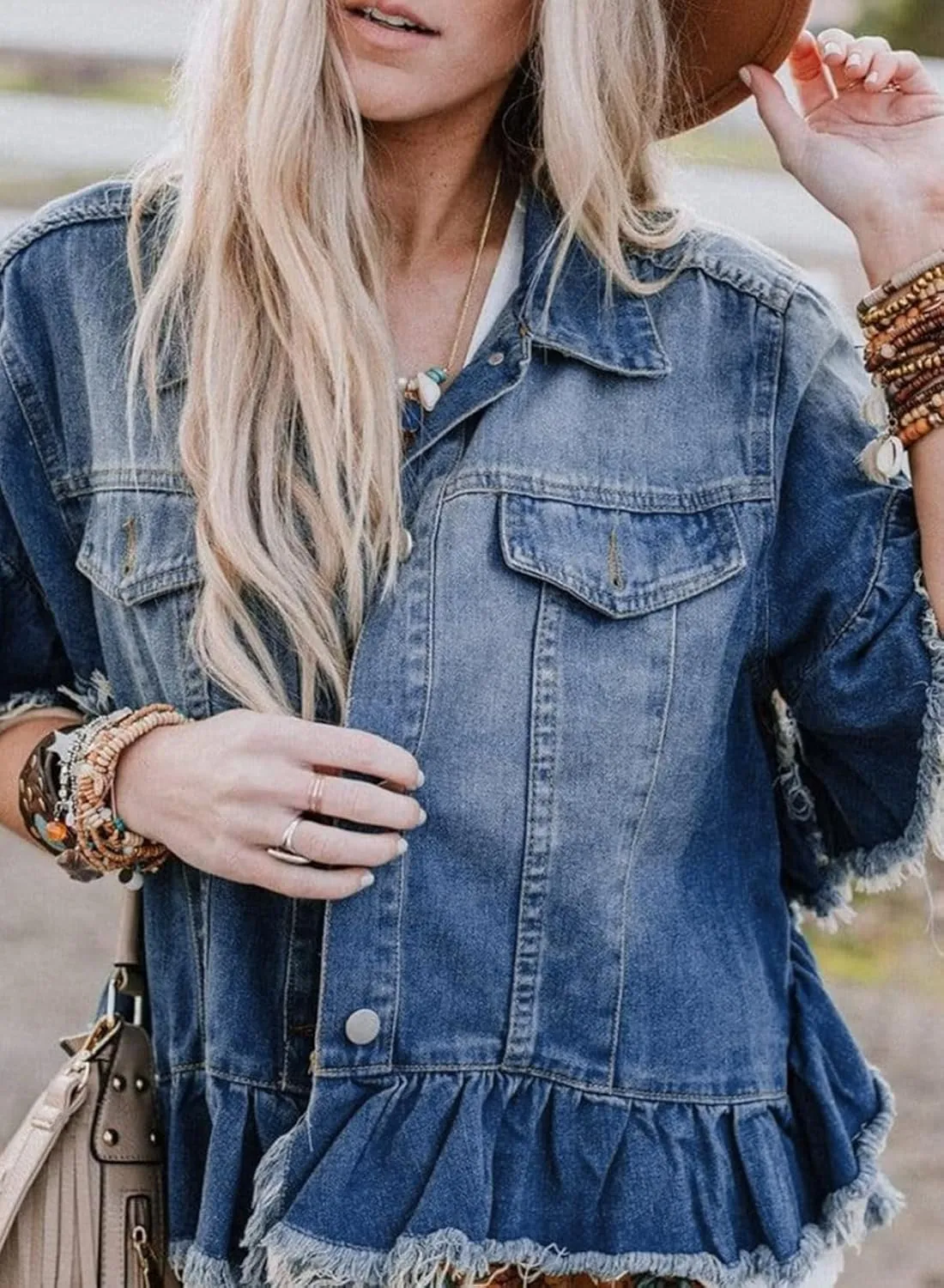 Sidefeel Womens Denim Jackets Casual Short Sleeve Button Down Trendy Ruffle Washed Jean Jackets Coat