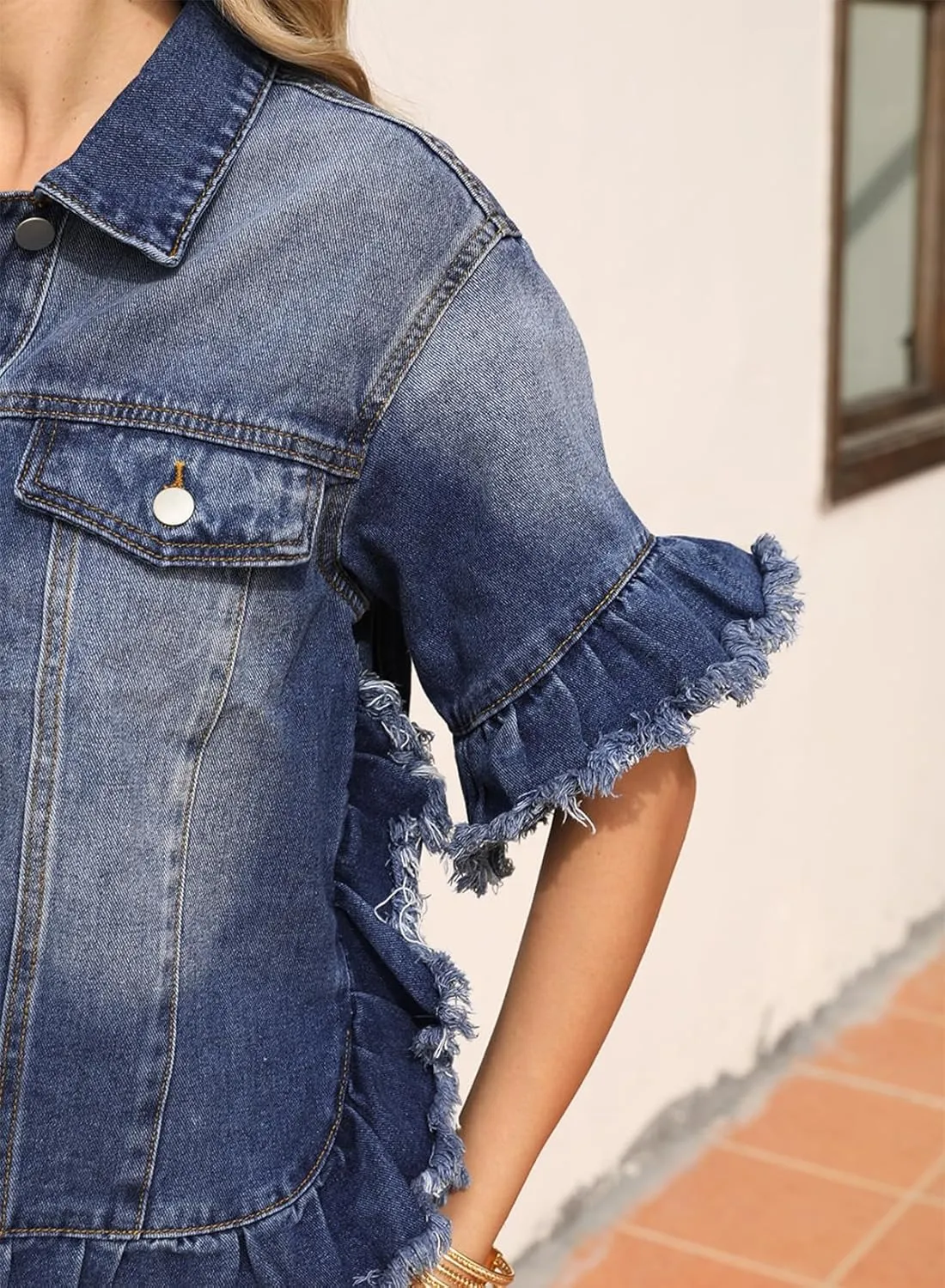Sidefeel Womens Denim Jackets Casual Short Sleeve Button Down Trendy Ruffle Washed Jean Jackets Coat