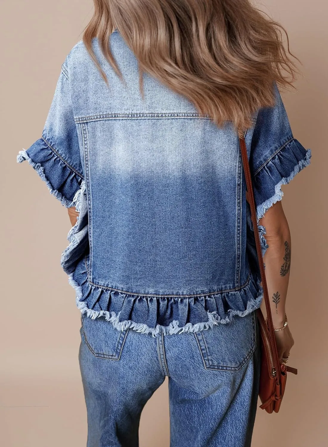 Sidefeel Womens Denim Jackets Casual Short Sleeve Button Down Trendy Ruffle Washed Jean Jackets Coat