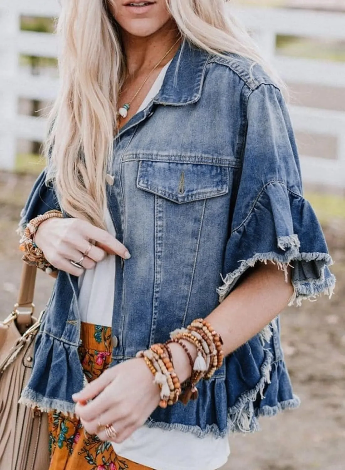 Sidefeel Womens Denim Jackets Casual Short Sleeve Button Down Trendy Ruffle Washed Jean Jackets Coat