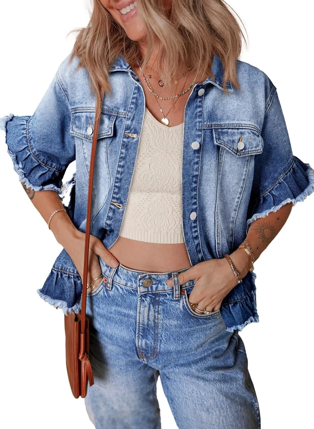 Sidefeel Womens Denim Jackets Casual Short Sleeve Button Down Trendy Ruffle Washed Jean Jackets Coat