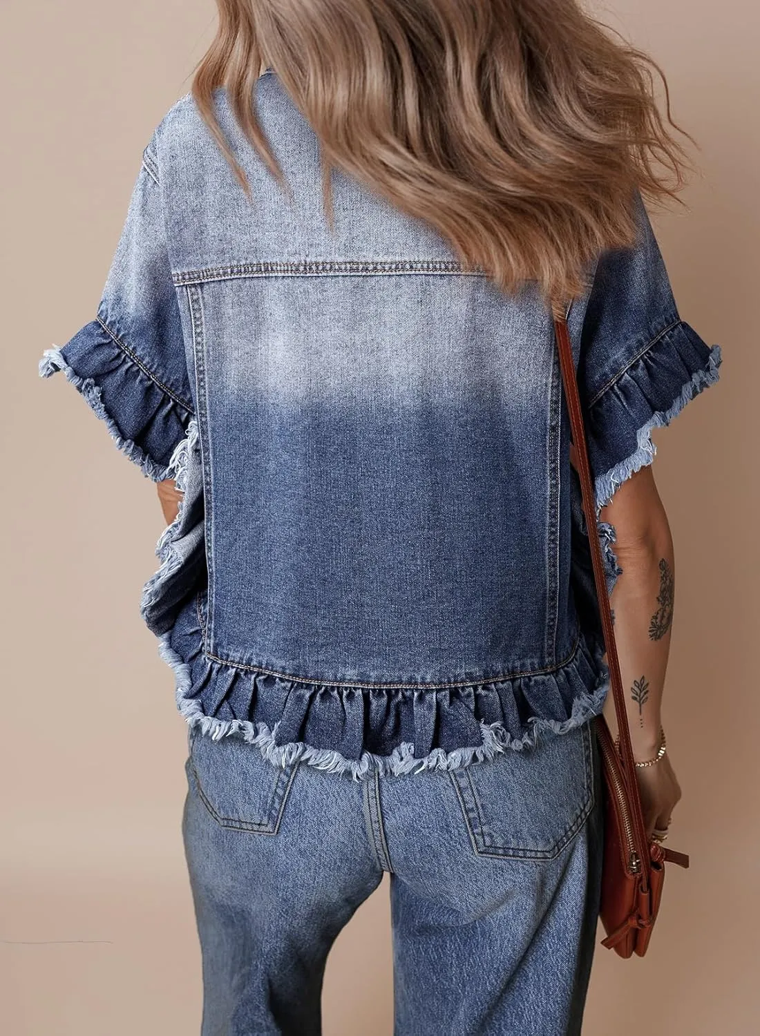 Sidefeel Womens Denim Jackets Casual Short Sleeve Button Down Trendy Ruffle Washed Jean Jackets Coat