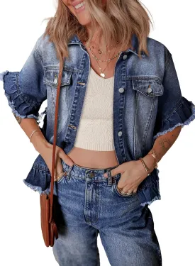 Sidefeel Womens Denim Jackets Casual Short Sleeve Button Down Trendy Ruffle Washed Jean Jackets Coat