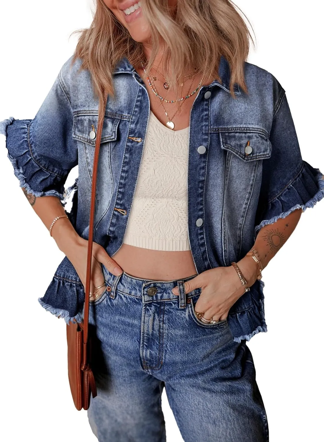 Sidefeel Womens Denim Jackets Casual Short Sleeve Button Down Trendy Ruffle Washed Jean Jackets Coat