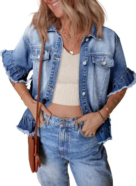 Sidefeel Womens Denim Jackets Casual Short Sleeve Button Down Trendy Ruffle Washed Jean Jackets Coat