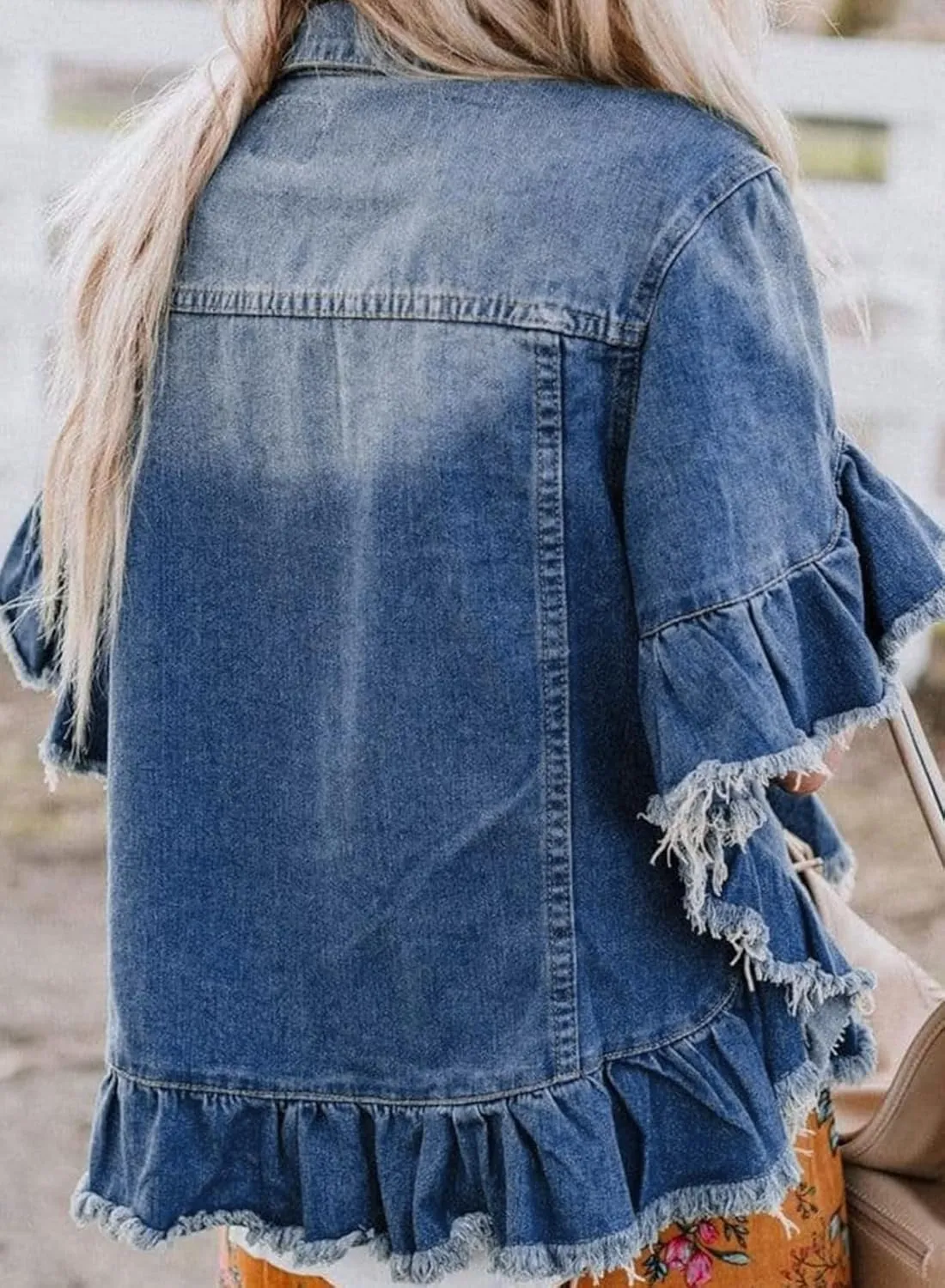 Sidefeel Womens Denim Jackets Casual Short Sleeve Button Down Trendy Ruffle Washed Jean Jackets Coat