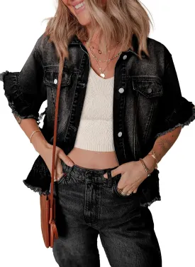 Sidefeel Womens Denim Jackets Casual Short Sleeve Button Down Trendy Ruffle Washed Jean Jackets Coat