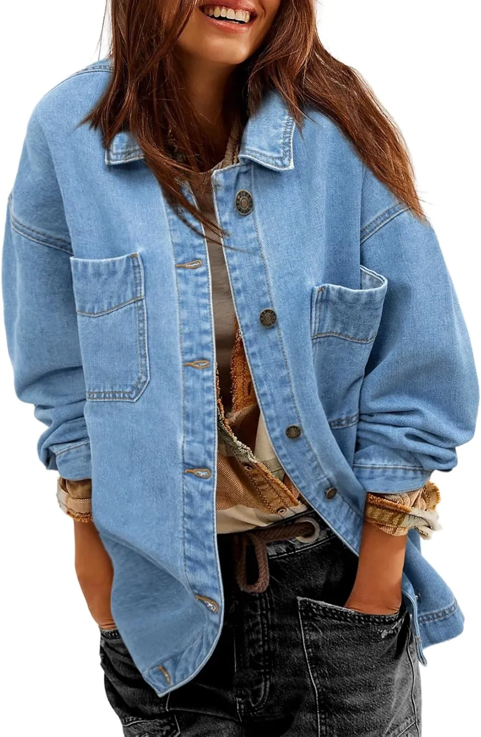 Sidefeel Women's Jean Jacket Oversized Boyfriend Button Up Long Sleeve Split Zimbaplatinum Denim Jackets