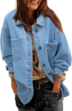 Sidefeel Women's Jean Jacket Oversized Boyfriend Button Up Long Sleeve Split Zimbaplatinum Denim Jackets