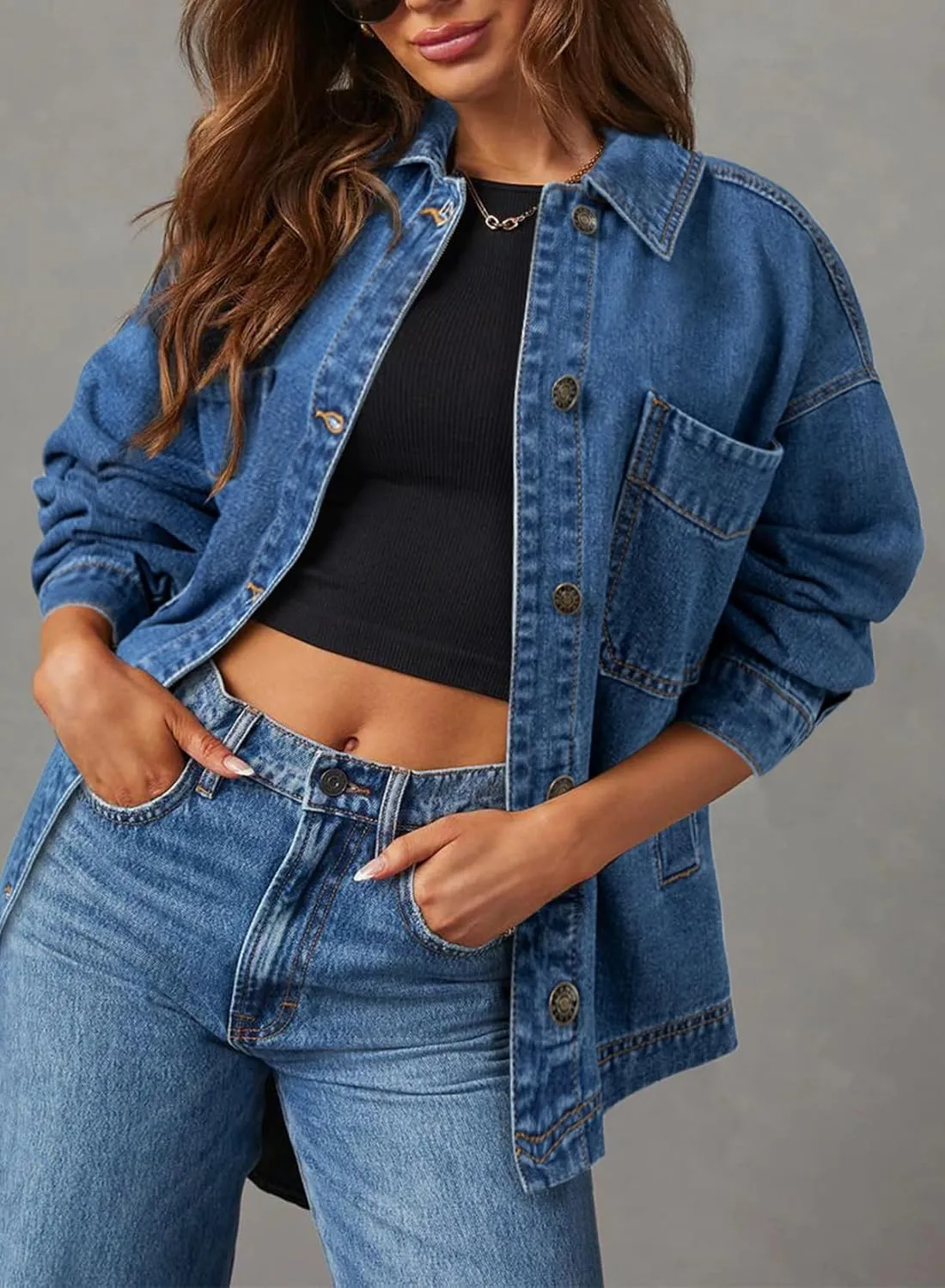 Sidefeel Women's Jean Jacket Oversized Boyfriend Button Up Long Sleeve Split Zimbaplatinum Denim Jackets
