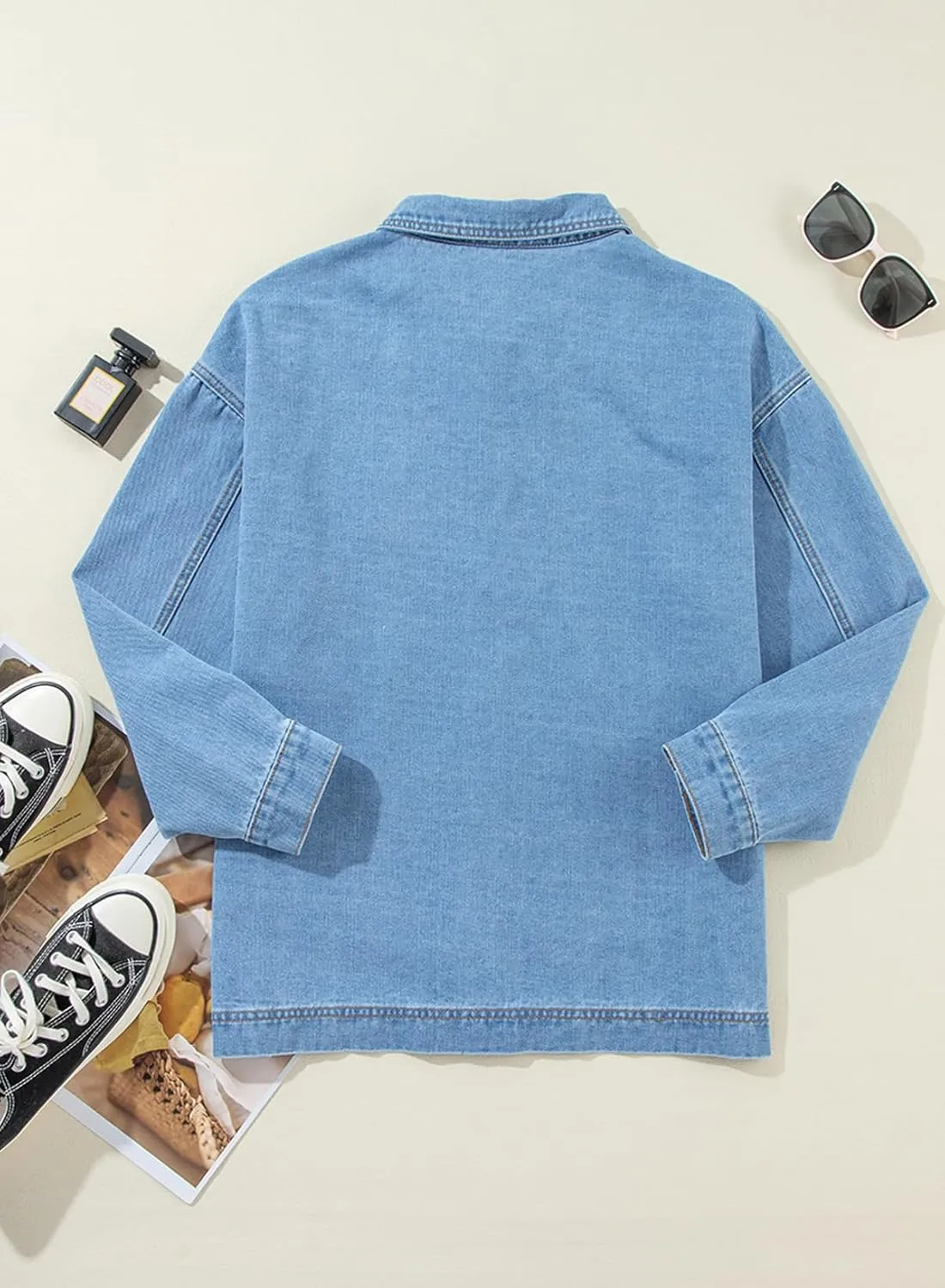 Sidefeel Women's Jean Jacket Oversized Boyfriend Button Up Long Sleeve Split Zimbaplatinum Denim Jackets