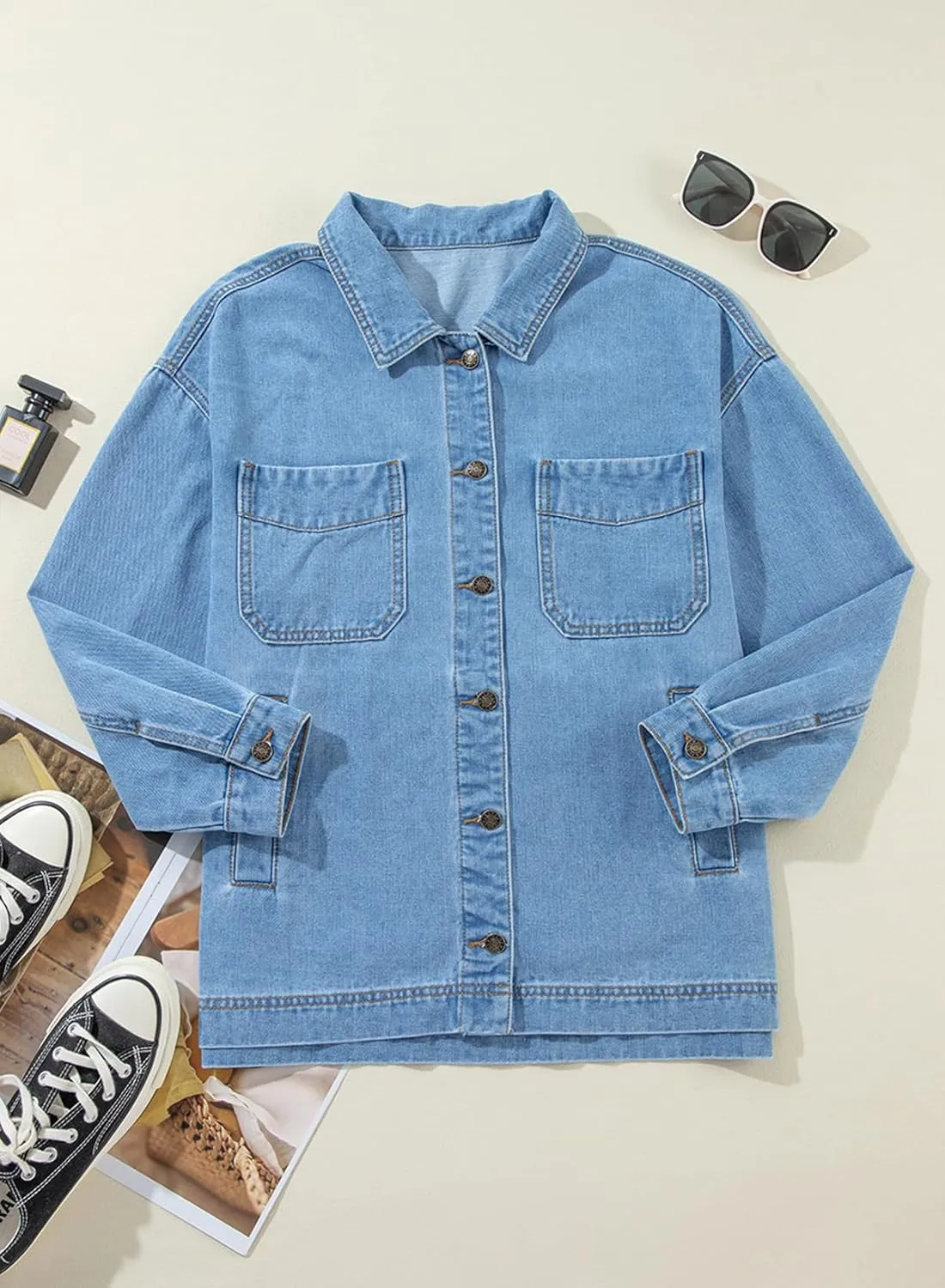 Sidefeel Women's Jean Jacket Oversized Boyfriend Button Up Long Sleeve Split Zimbaplatinum Denim Jackets