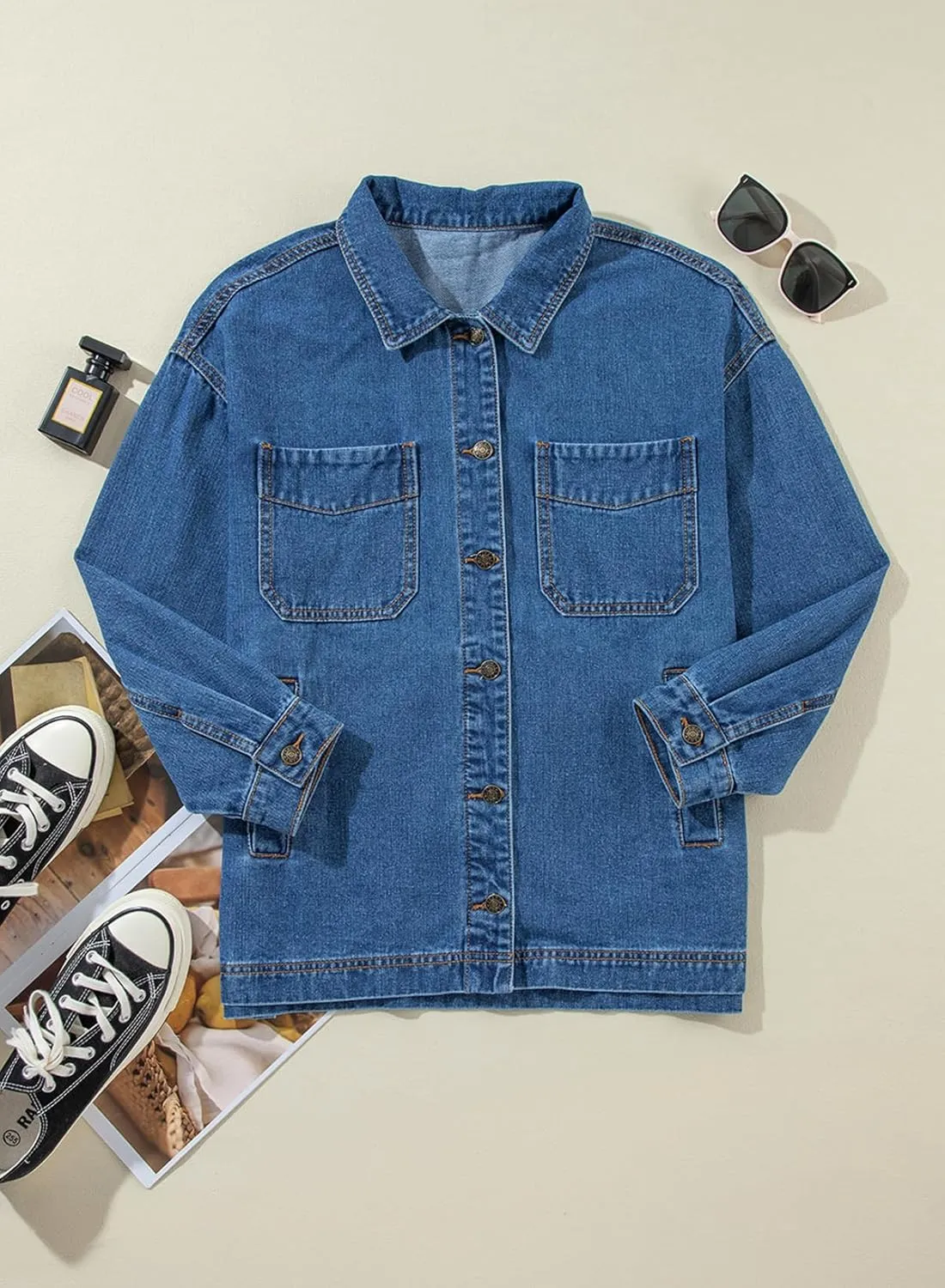 Sidefeel Women's Jean Jacket Oversized Boyfriend Button Up Long Sleeve Split Zimbaplatinum Denim Jackets