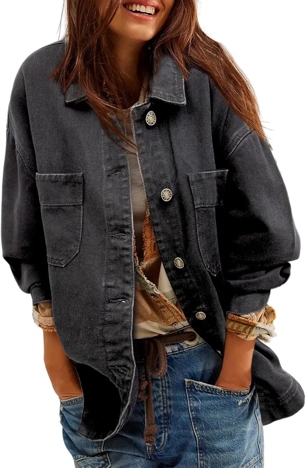 Sidefeel Women's Jean Jacket Oversized Boyfriend Button Up Long Sleeve Split Zimbaplatinum Denim Jackets