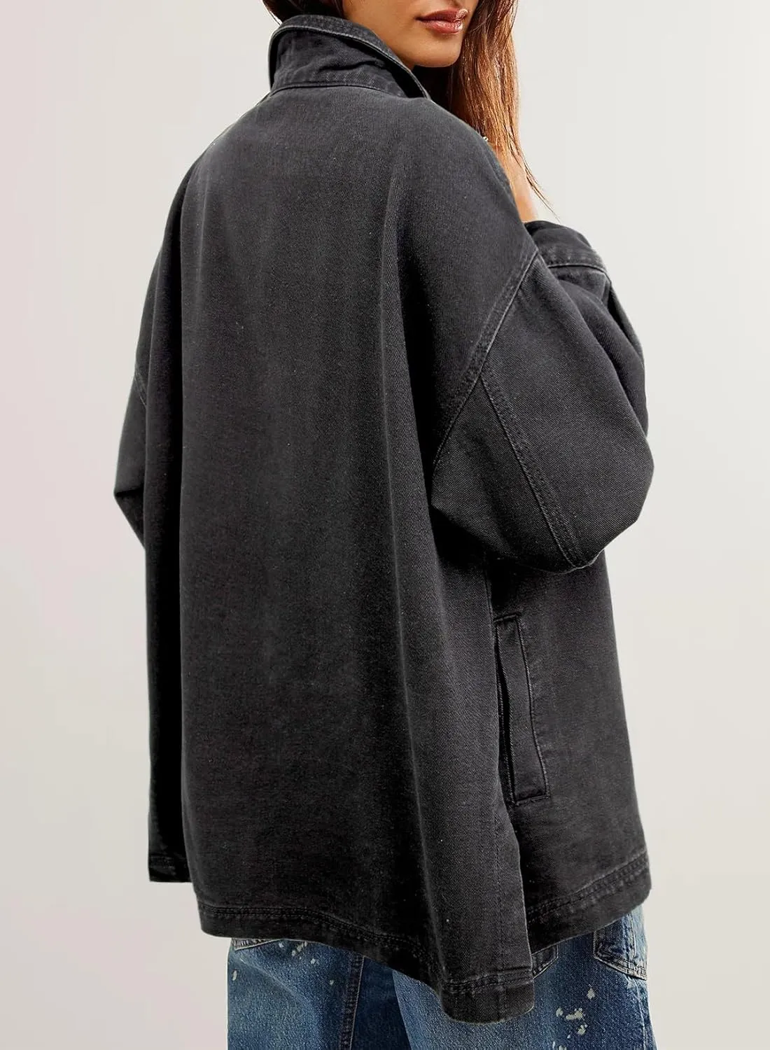 Sidefeel Women's Jean Jacket Oversized Boyfriend Button Up Long Sleeve Split Zimbaplatinum Denim Jackets