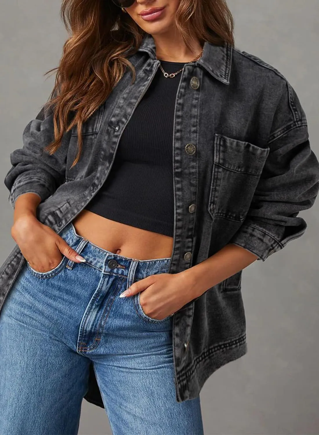 Sidefeel Women's Jean Jacket Oversized Boyfriend Button Up Long Sleeve Split Zimbaplatinum Denim Jackets