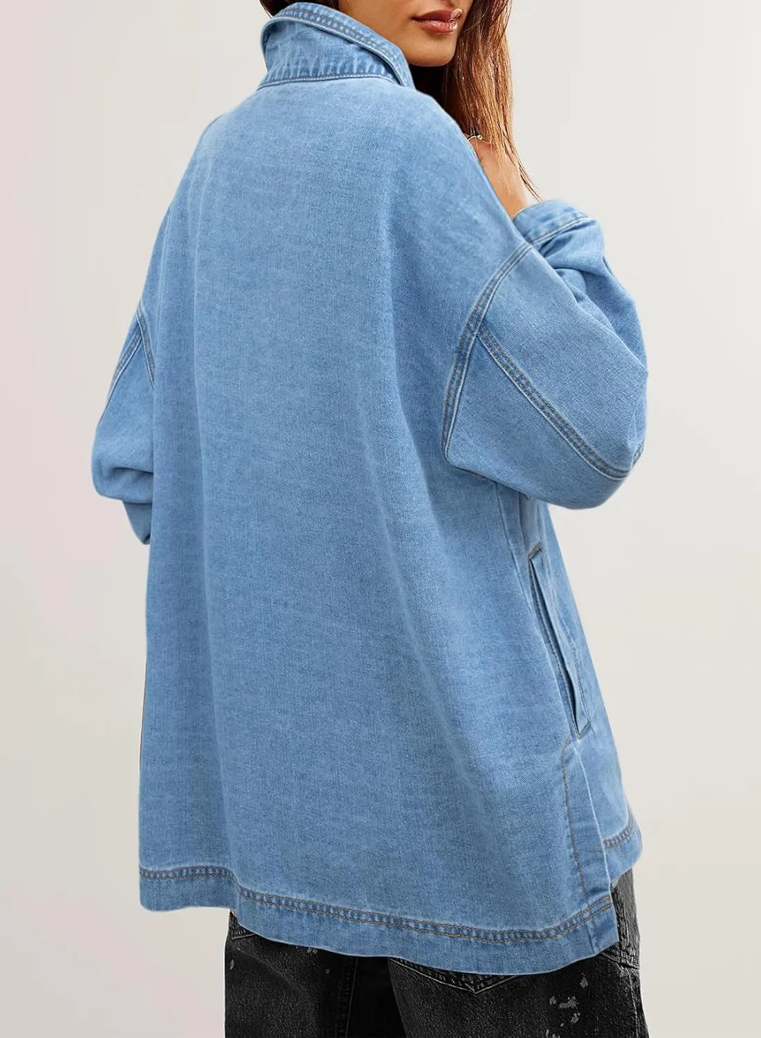 Sidefeel Women's Jean Jacket Oversized Boyfriend Button Up Long Sleeve Split Zimbaplatinum Denim Jackets